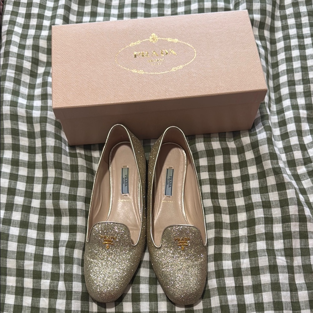 Prada Gold Glitter Loafers